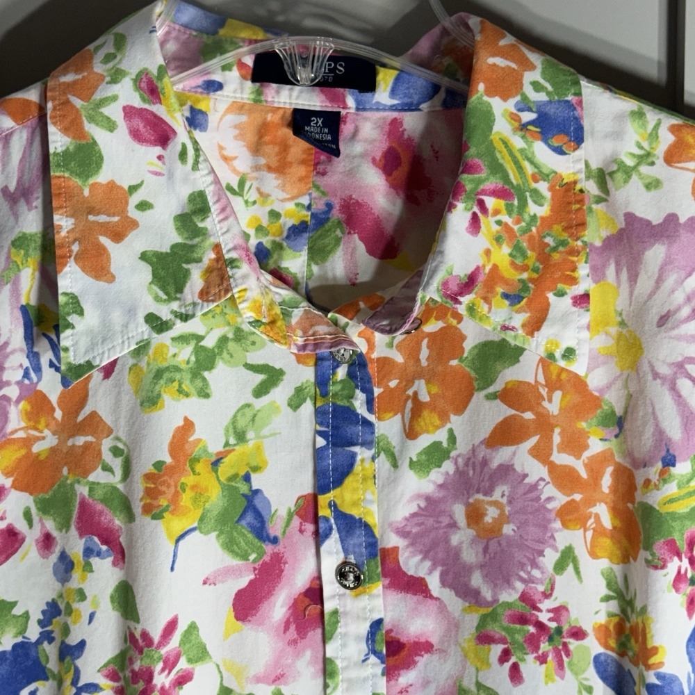 Chaps Pink Floral 2x Shirt Button Down Pink Dainty Boho Office Print Watercolor - Picture 3 of 6